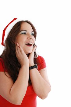 surprised christmas woman wearing a santa hat smiling isolated over a white background