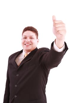 young business man going thumb up, isolated on white