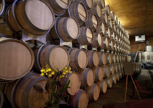 A large stack of barrels that are holding wine