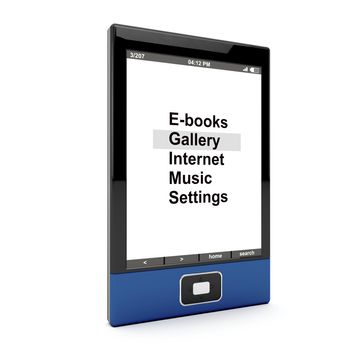 E-book reader on white background. 3d generated image.