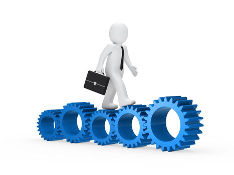 businessman with briefcase go on blue gear