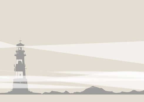 An illustration of a lighthouse and rocks set on a landscape format. Beams of light shine from the lighthouse, with folds of mist at the base.