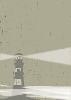 An illustration of a lighthouse on a grunge styled background. Set on a portrait format with room for copy.