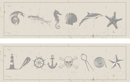 Two horizontal banners with a nautical and sea theme set on a grunge style background. Sea creatures and nautical instruments and elements.