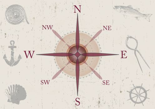 An illustration of a nautical compass with old retro style inset illustrations with a nautical or sea theme. Set on a grunge style background on a landscape format.