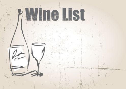 An illustration of a blank wine list with a wine bottle and wine glass set on a landscape format on a grunge style background. Ideal as a poster.
