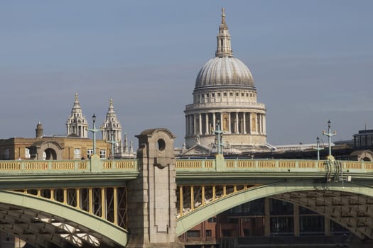 Dome of St Pauls Cathedral Southwark Bridge over the River Thames in London, England