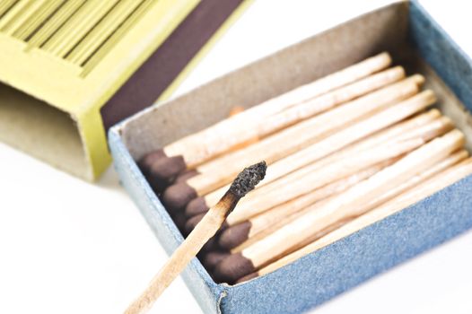 Open box of matches with one match burning