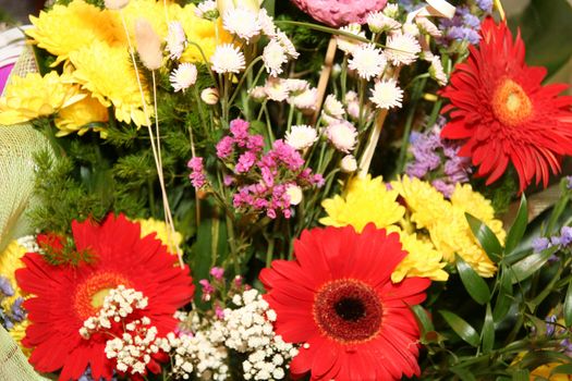 Flowers bouquet red white dark blue yellow