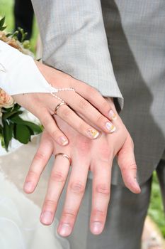 groom bride hand nails pedicure Rings gold white