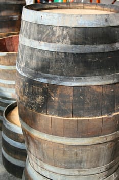 Close up of the old wine barrels.
