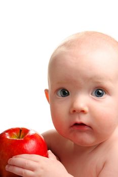 Cute baby with delicious red apple isolated on white