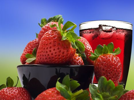 Fresh healthy strawberries and juice for a healthy diet