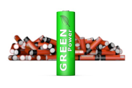 modern green ecological battery stands in front of a blurry bunch of obsolete old red batteries
