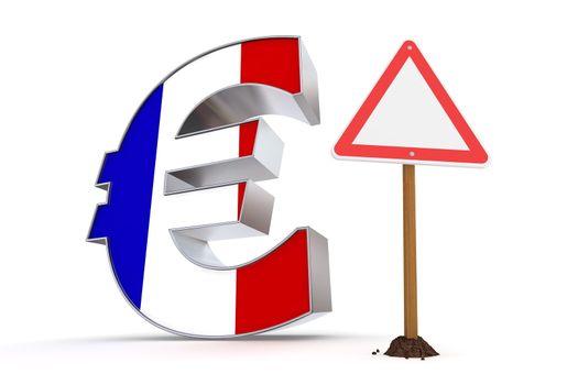 shiny metallic Euro symbol with a french flag on it's front - a red and white  triangular warning sign stands next to it