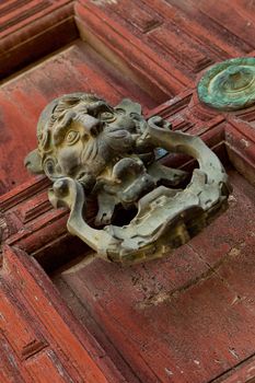 Detail of an ornate door knocker on the door of a building