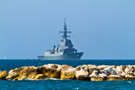 MALAGA, SPAIN-MAY 28: Frigate F-101 Alvaro de Bazan taking part in an exhibition on the day of the spanish army forces on May 28, 2011, in Malaga, Spain