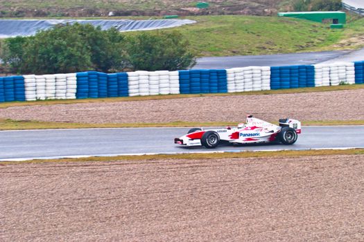 JEREZ DE LA FRONTERA, SPAIN - DEC 04: Jarno Trulli of Toyota F1 races during a training session on December 04, 2004, in Jerez de la Frontera, Spain