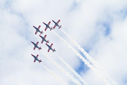 MALAGA, SPAIN-MAY 28: Aircrafts of the Patrulla Aguila taking part in an exhibition on the day of the spanish army forces on May 28, 2011, in Malaga, Spain