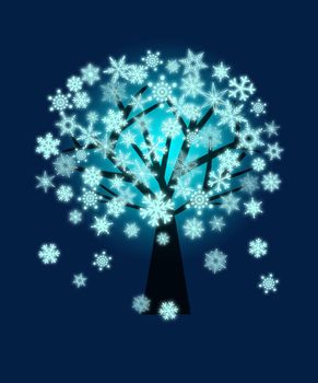 Winter Christmas Glowing Snowflakes on Tree Illustration on Blue Background