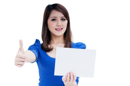 Portrait of a beautiful young woman holding a blank note card, isolated on white background.