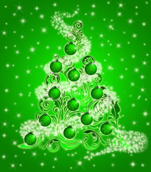 Christmas Tree with Swirl Leaves Design Sparkles and Snowflakes Ornaments on Green Background Illustration