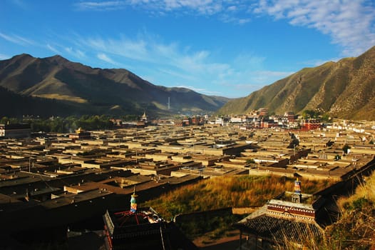 Panorama of a famous Tibetan lamasery in the morning