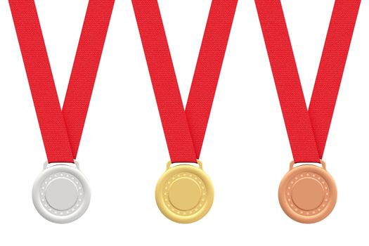 Gold, silver and bronze medals with red ribbons on white background. High resolution 3D image