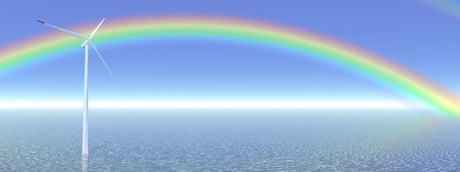 One wind turbine alone in the blue ocean in front of a beautiful rainbow
