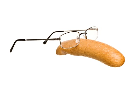 Sausage with glasses isolated on white background