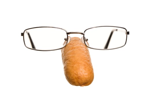 Sausage with glasses isolated on white background
