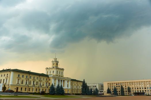 Storm clouds over the administrative buildings. Downtown in Khmelnitsky, Ukraine