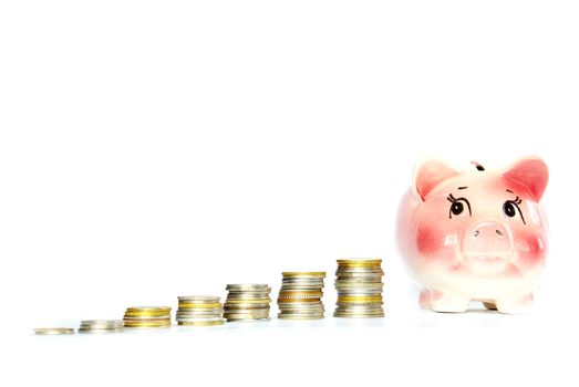  piggy bank and money isolated on white