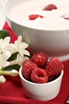 some fresh seasonal summer raspberries with yogurt