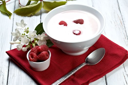 some fresh seasonal summer raspberries with yogurt