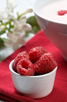 some fresh seasonal summer raspberries with yogurt