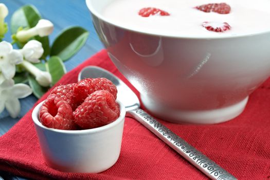 some fresh seasonal summer raspberries with yogurt