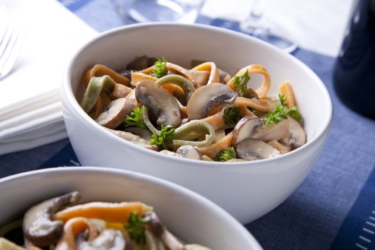Fettucini with mushroom and creamy sauce.
