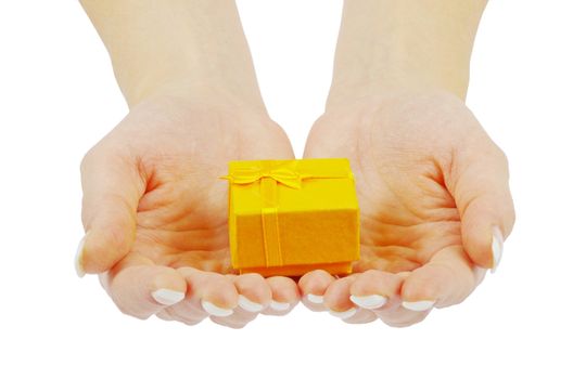 Hand and gift isolated on white background