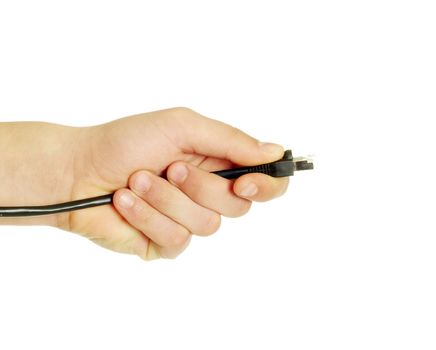 Computer cables in hand isolated on white background