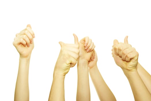 Many hand lifted up on white background