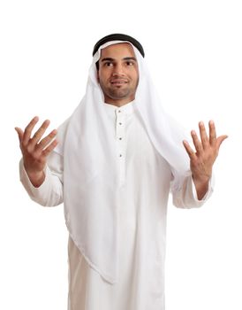 A happy arab middle eastern man with hands outstretched in praise and worship.  White background.