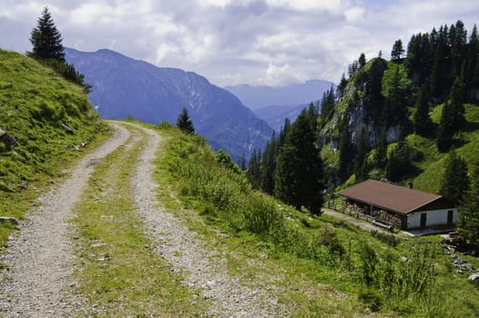 A mountainous dirt road in the german alps.