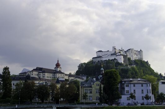 Salzburg Castle on a cloday day in Austria.