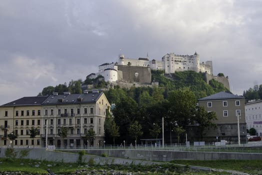 salzburg Castle on a cloday day in Austria.