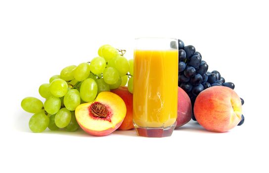 Glass with freshly made peach juice on a white background