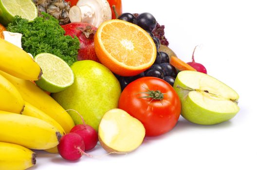 vegetables and fruits on white