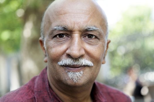 faint smile on an Indian man in western attire burgundy shirt, balding, van dike beard, horizontal, crop space and copy space