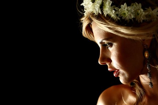 young women on black flowers in hair