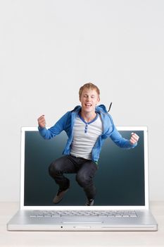 A teenager jumping off a screen